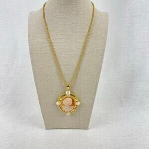 Amedeo Gold Toned Carved Cameo Jeweled Cameo Pendant Necklace